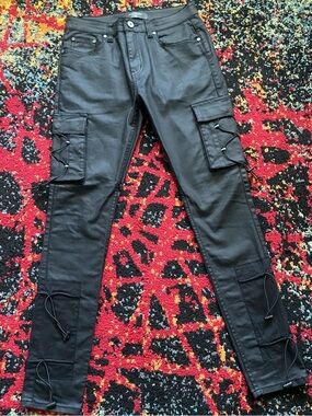 Black Cargo Skinny Pants with Lace-Up Details - Serenede